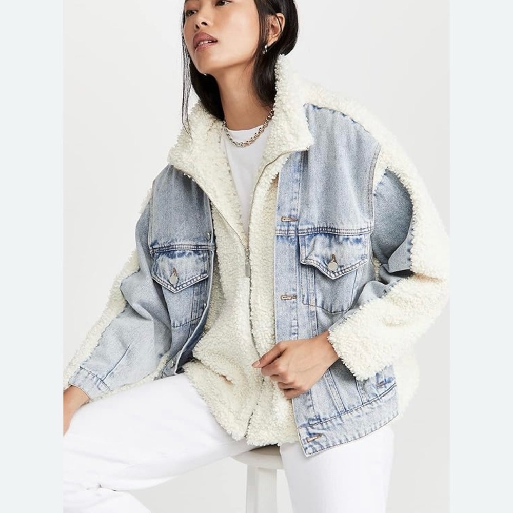 Blank NYC Light Blue Denim Sherpa Jacket with Cream Trim